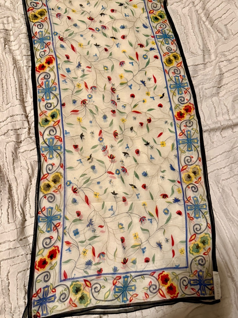 Vintage 1980’s Perry Ellis 100% Silk Floral Sheer Scarf with Blue Border